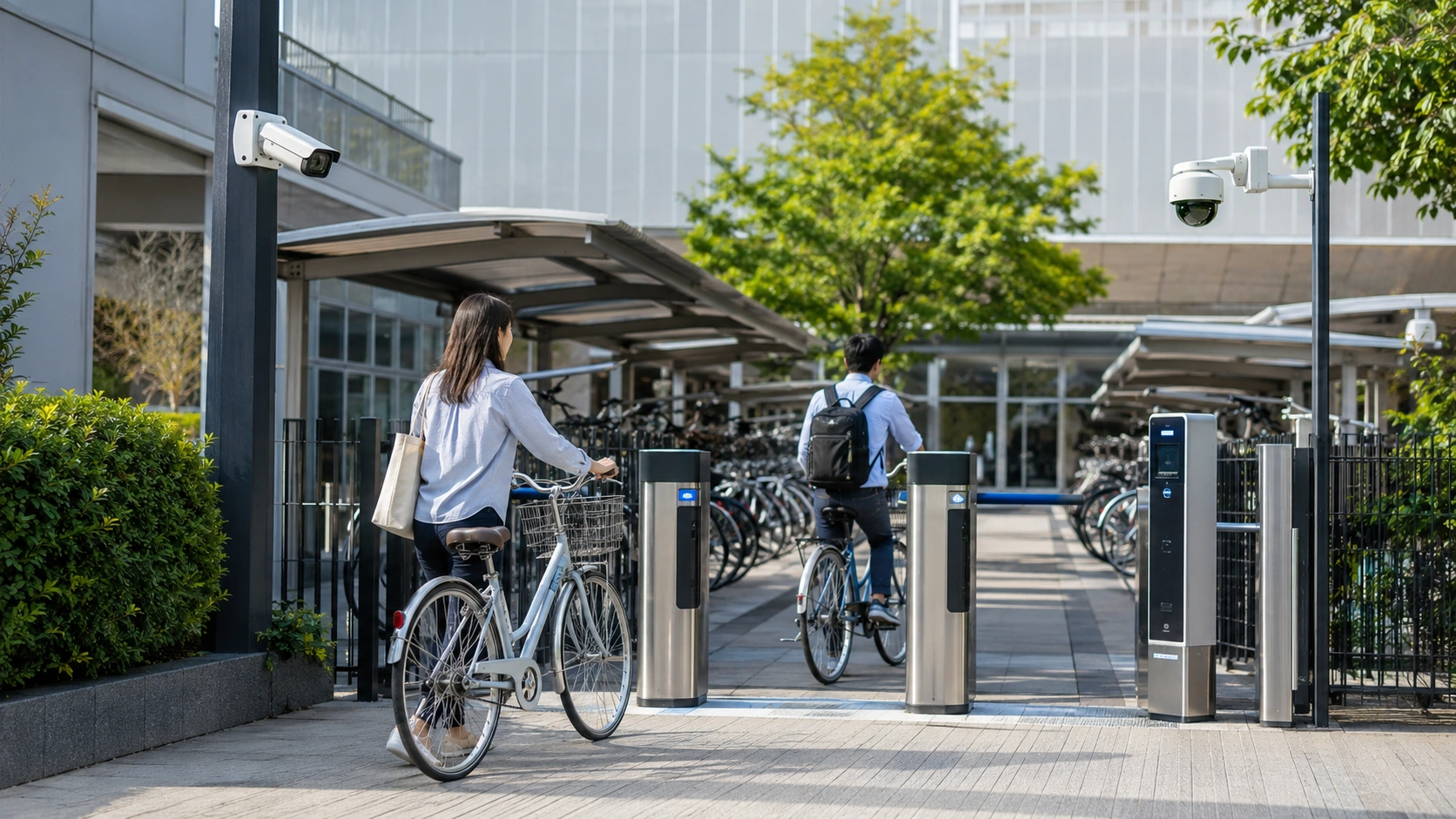 都市型駐輪場のゲートを利用する自転車と入口監視カメラ