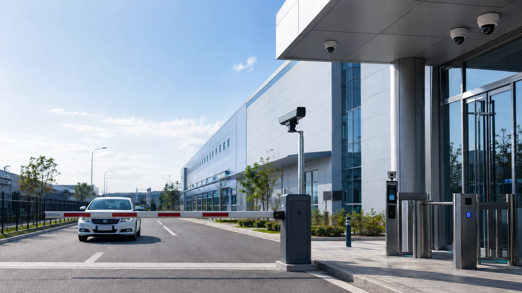 監視カメラ、車両ゲート、入退場設備を備えた法人施設の入口