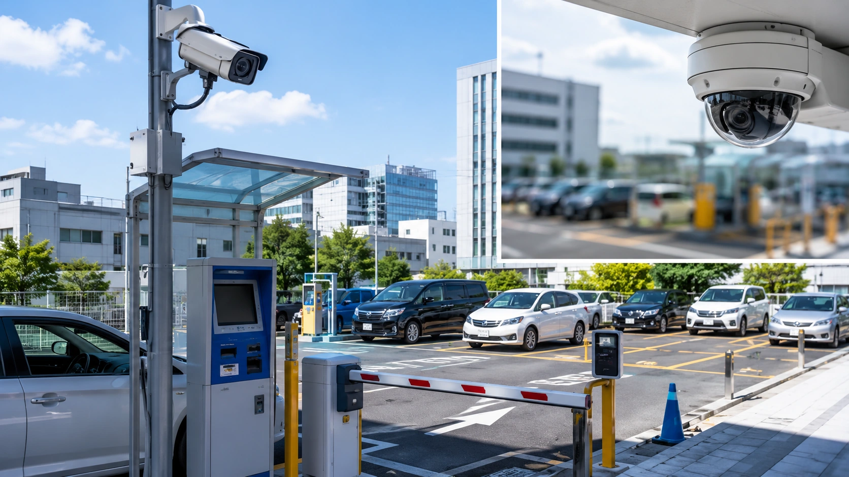 商業施設の駐車場入口に設置されたゲート・精算機・監視カメラ