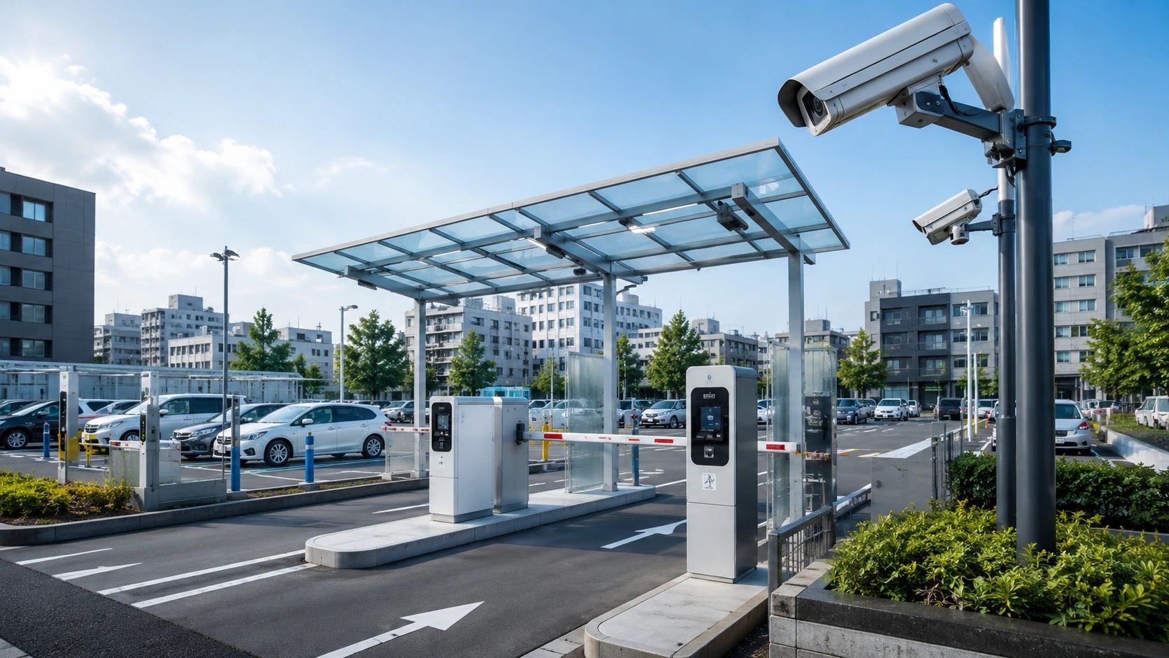 コインパーキングのゲート・精算設備と複数の監視カメラ