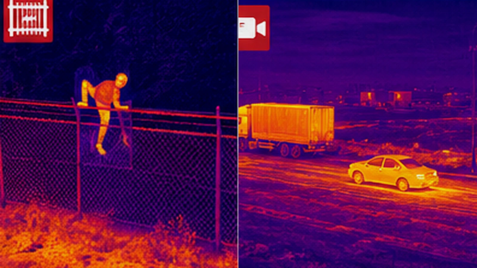 暗闇の外周で人物と車両をサーマル映像により捉える監視イメージ