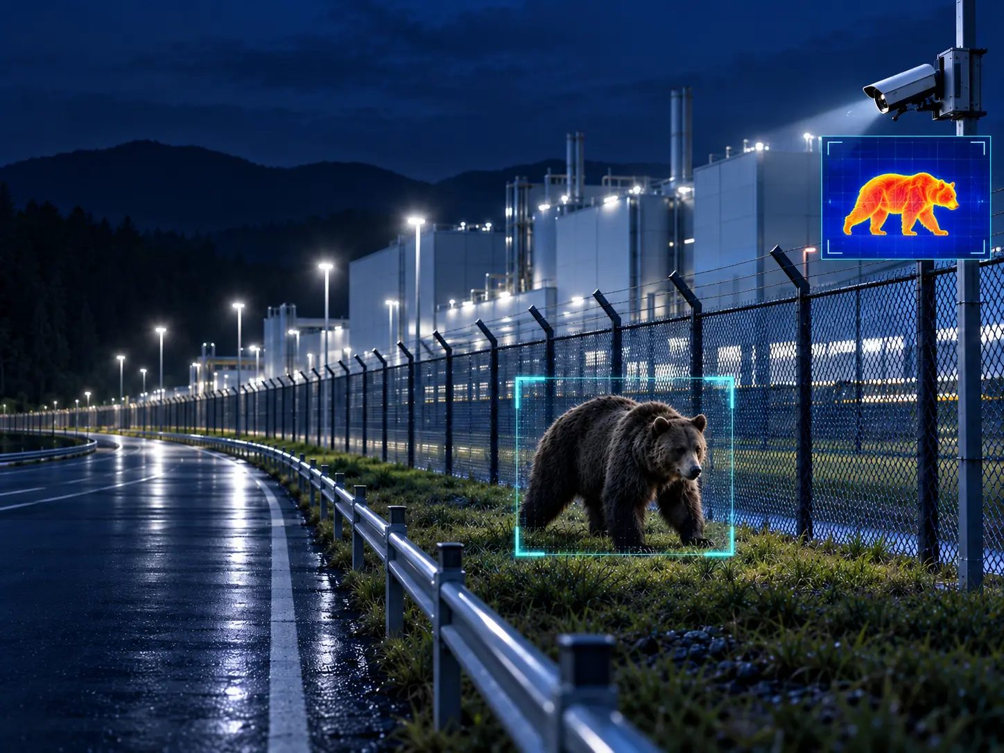 半導体工場の夜間外周で熊などの大型野生動物と侵入者を監視するバイスペクトルカメラ