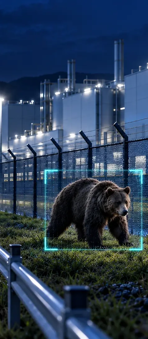 半導体工場の夜間外周で熊などの大型野生動物と侵入者を監視するイメージ