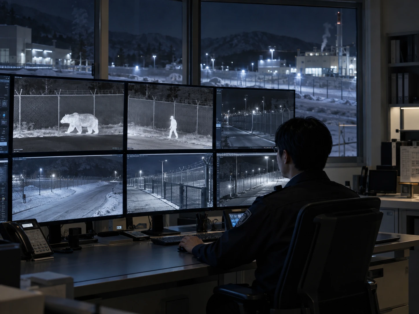 夜間の工場外周を守衛室から少人数で監視し、熊や人物の検知映像を確認するイメージ