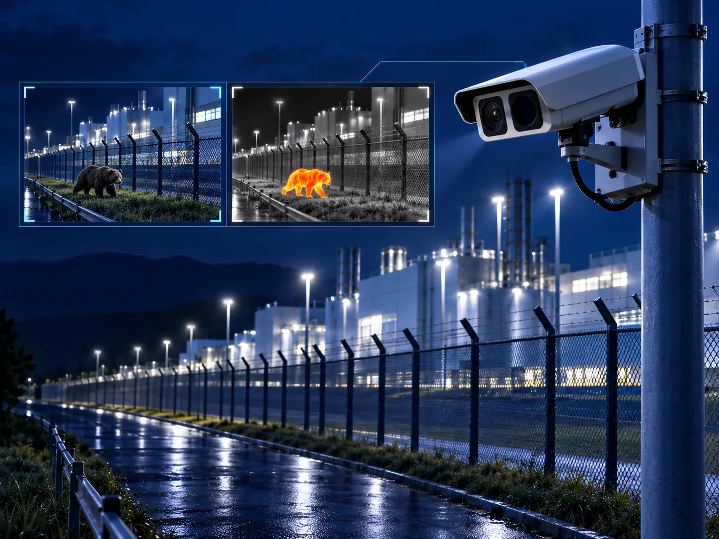 人物や車両の侵入を画面上で検知する夜間外周監視