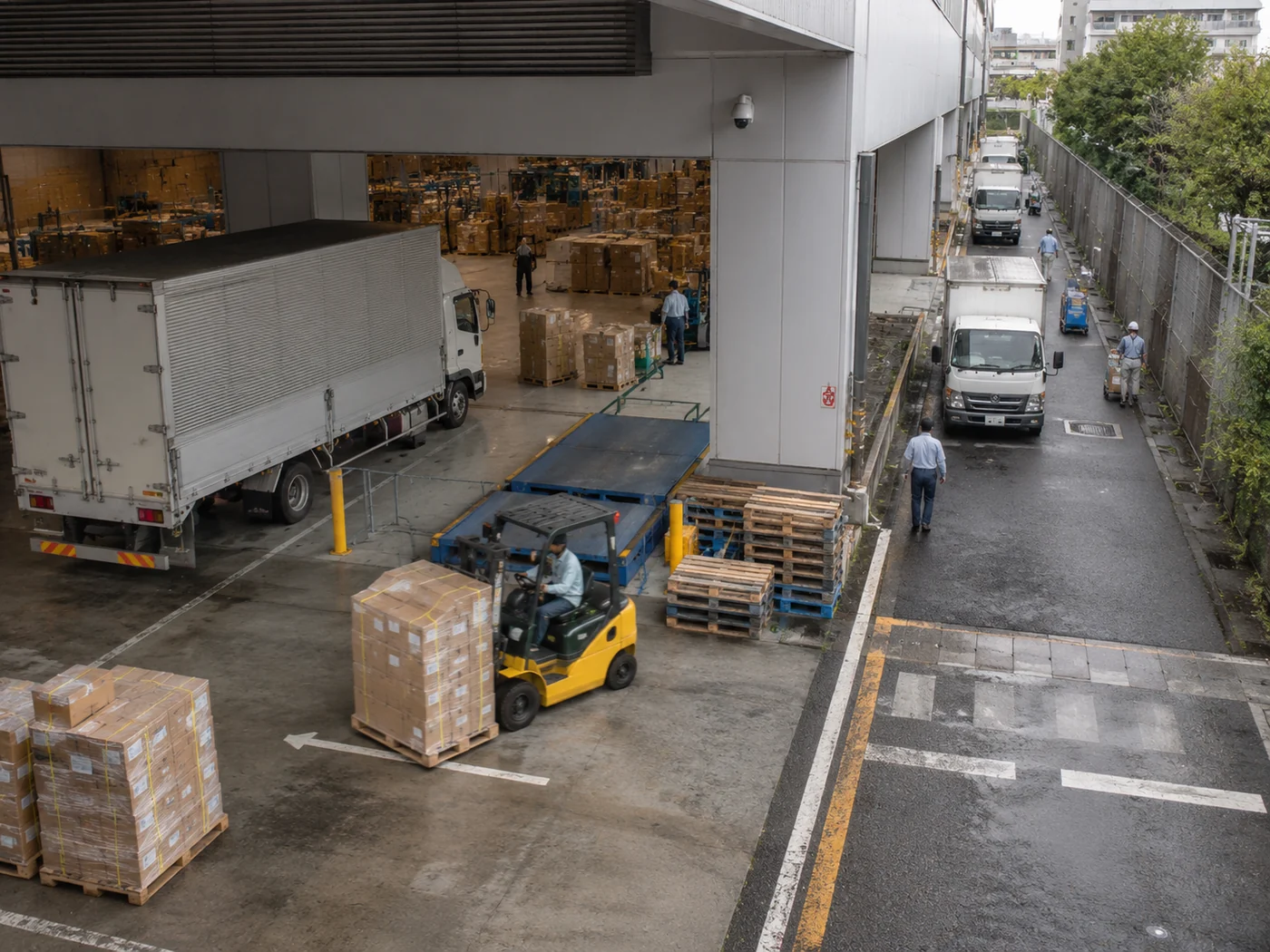 搬入口、荷役作業、車両動線が並ぶ物流現場