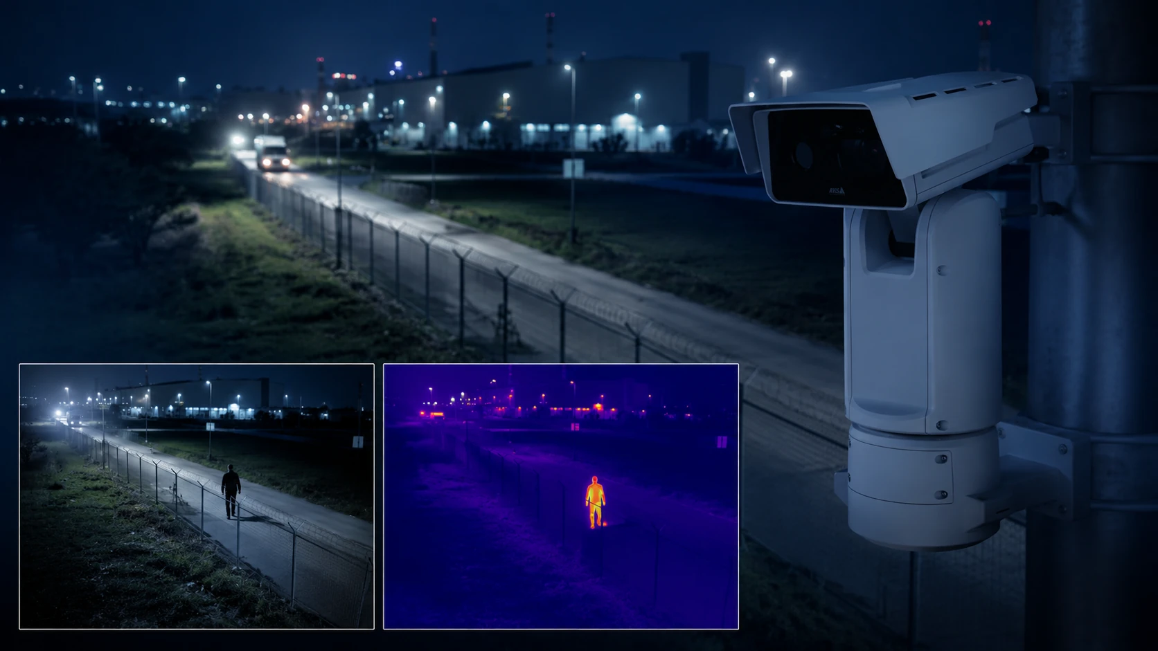 夜間外周で熱感知と通常映像を組み合わせて確認するイメージ