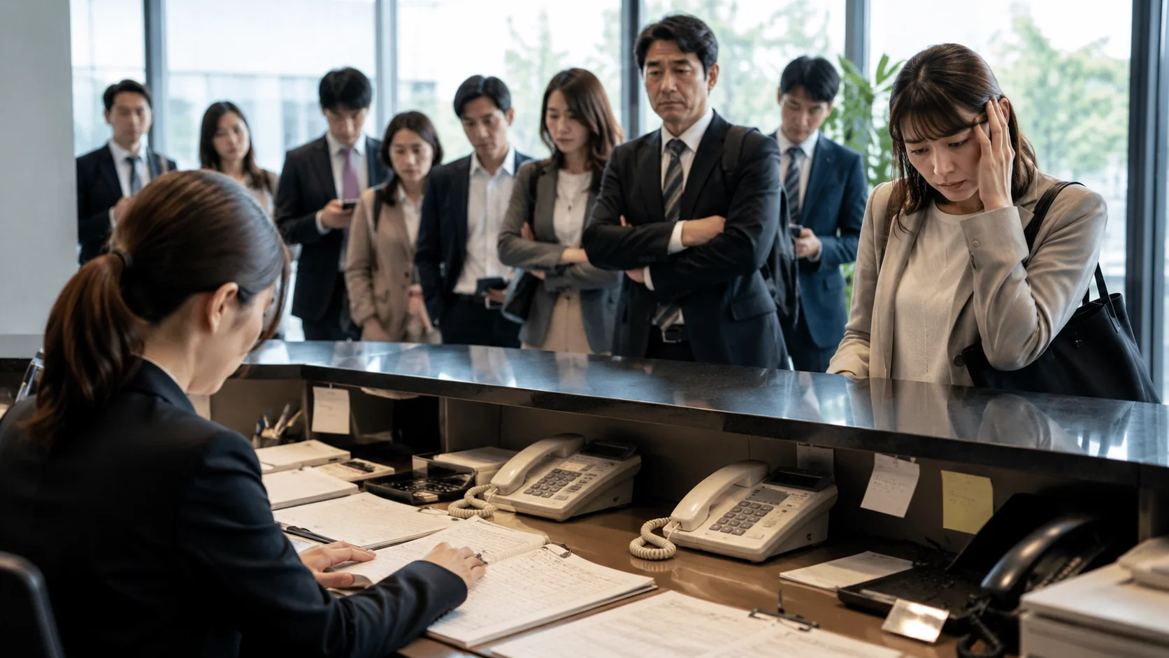 来訪者が集中し受付対応に時間がかかっている様子