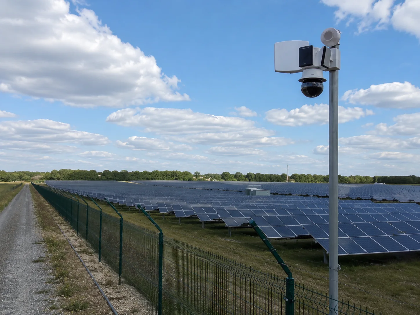 大規模太陽光発電所の敷地で侵入を監視するイメージ