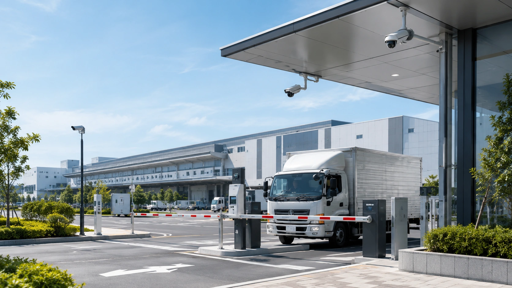 物流施設の車両ゲートを通過する配送トラックと監視カメラ
